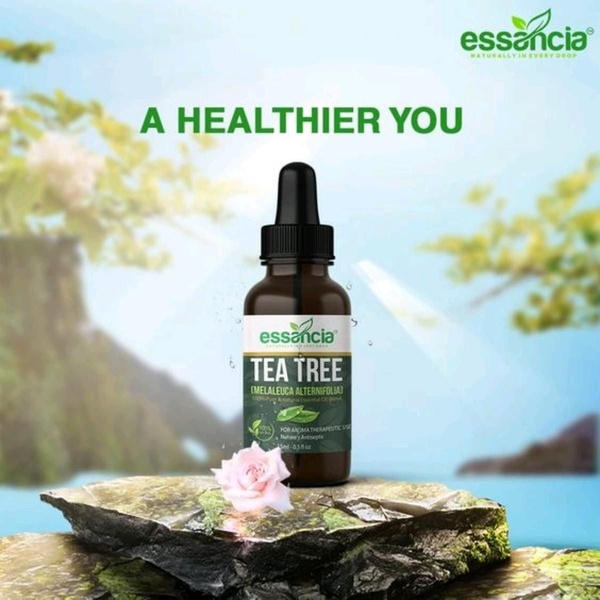 tea tree oil, essential oil, aromatherapy oil, natural oil, skincare oil, brand awareness, lifestyle, minimalist, fresh, calm, green, neutral, blue