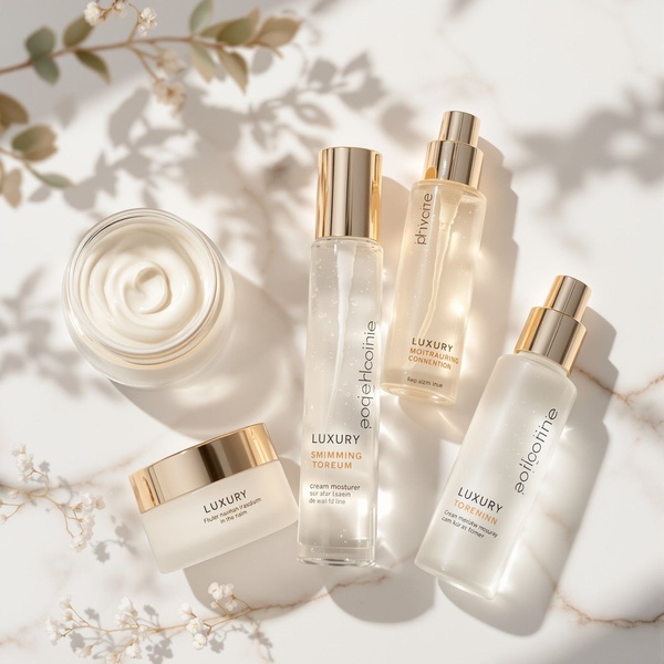 skincare set, face cream, facial serum, beauty products, skincare regimen, bestseller push, minimalist, editorial, luxurious, calm, neutral, gold