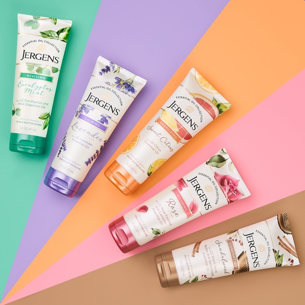 A top-down, clean flat lay featuring five distinct scents of Jergens essential oil lotions arranged diagonally on a segmented pastel background.