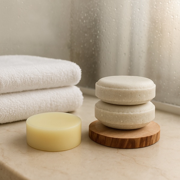 A clean, studio-lit photograph featuring two stacked shampoo bars on a wooden coaster beside a white towel, emphasizing natural product quality.