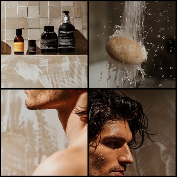 grooming set, shaving cream, body wash, face wash, men's skincare, grooming lotion, bestseller push, lifestyle, editorial, luxurious, calm, brown, neutral