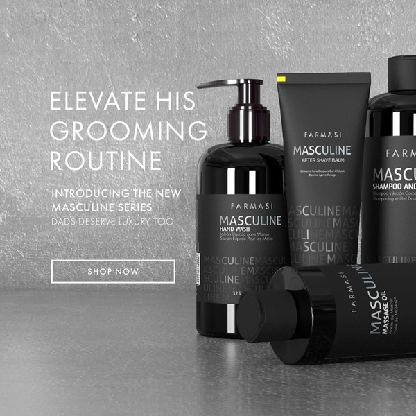 A high-end product hero advertisement featuring a collection of masculine grooming items arranged against a textured concrete backdrop.