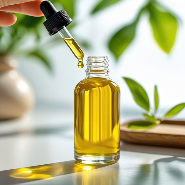 face oil, serum dropper, skincare serum, facial oil, beauty oil, product demo, minimalist, fresh, calm, yellow, neutral, green