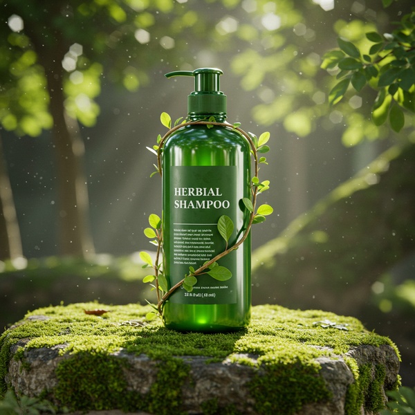 A high-quality 1:1 image of a green shampoo bottle placed on a mossy forest stone, emphasizing organic ingredients and a premium natural brand identity.