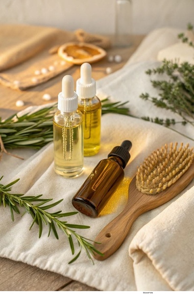 A high-quality, top-down product shot featuring hair oil bottles and wooden brushes on linen, emphasizing a natural and organic brand aesthetic.