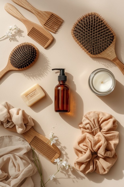 This creative showcases a curated selection of hair care products, including brushes, combs, a serum, and accessories arranged in a balanced flat-lay composition on a neutral background.