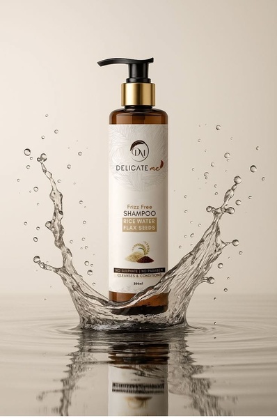 A high-end, clean product photography shot of a Frizz Free Shampoo bottle emerging from a water splash against a neutral background.