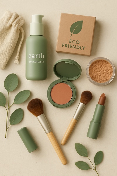 makeup set, cosmetics kit, beauty products, makeup brush, foundation powder, lipstick, bestseller push, flat lay, minimalist, fresh, calm, neutral, green