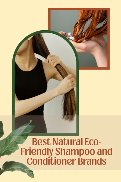 A split-view composition showing hair care in use, set within an arch-shaped frame, highlighting eco-friendly product themes.