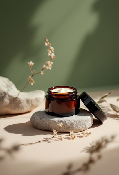 face cream, moisturizing cream, skincare jar, beauty cream, night cream, minimalist, calm, fresh, green, neutral