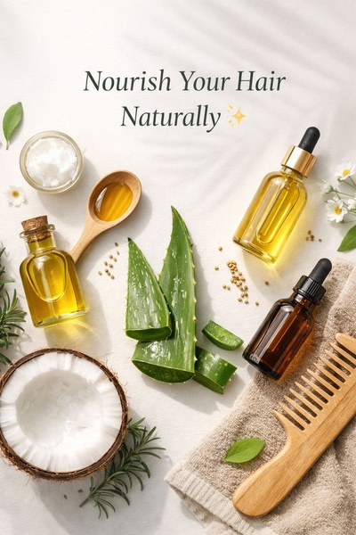 A high-quality, top-down flat-lay shot featuring natural hair care ingredients like aloe vera, coconut, and essential oils alongside a wooden comb.