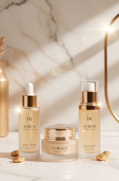 face serum, face cream, moisturizing cream, skincare bottles, beauty products, bestseller push, minimalist, editorial, luxurious, calm, neutral, gold