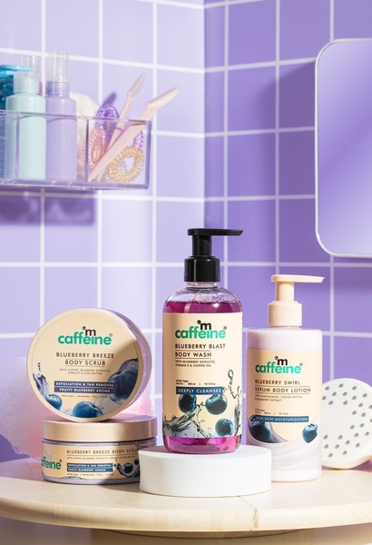 body wash, body scrub, body lotion, skincare set, bath products, bestseller push, lifestyle, minimalist, fresh, playful, purple, neutral