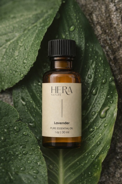 A high-quality product hero shot featuring a bottle of lavender essential oil resting on a wet, dark green leaf, emphasizing natural purity.