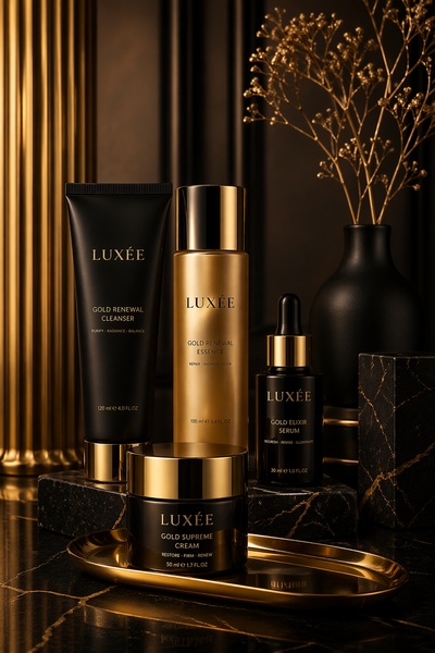 facial cleanser, skincare essence, face serum, face cream, skincare set, beauty products, bestseller push, minimalist, editorial, luxurious, black, gold