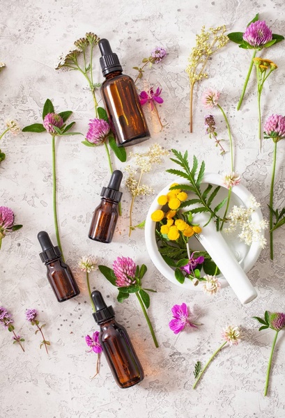 essential oil, serum bottle, dropper bottle, skin oil, cosmetic serum, brand awareness, flat lay, minimalist, calm, fresh, neutral, pink, yellow