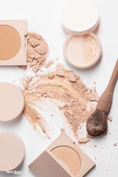 face powder, compact powder, loose powder, makeup brush, cosmetic powder, setting powder, new arrival, minimalist, flat lay, calm, fresh, neutral, pastel