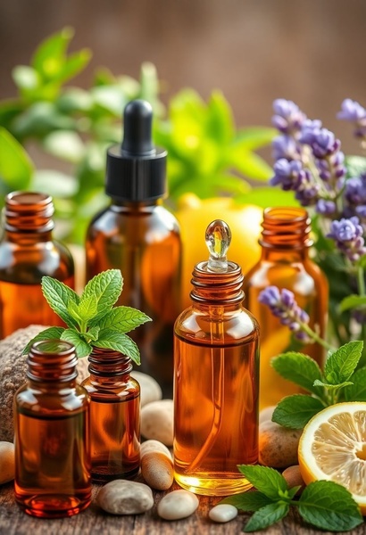 A high-quality studio shot featuring multiple essential oil bottles surrounded by fresh mint, lavender, and sliced lemon on a rustic surface.
