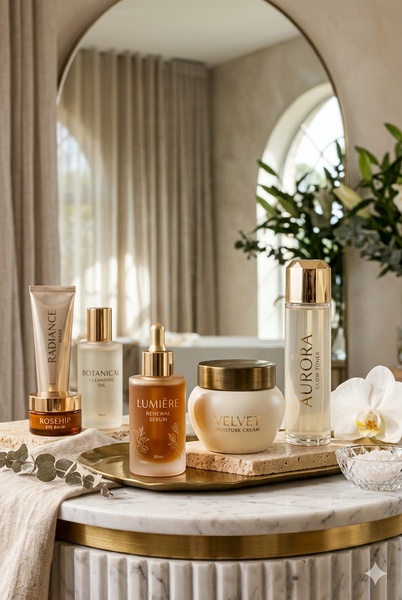 skincare set, face serum, moisturizing cream, cleansing oil, eye balm, facial toner, bestseller push, editorial, lifestyle, luxurious, calm, neutral, gold
