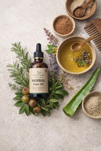 A high-quality product photography shot featuring a bottle of herbal hair oil surrounded by raw Ayurvedic ingredients like rosemary, amla, and aloe vera.