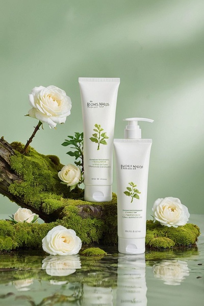 face cream, hair conditioner, skincare lotion, beauty cream, skin moisturizer, brand awareness, minimalist, editorial, calm, fresh, green, neutral