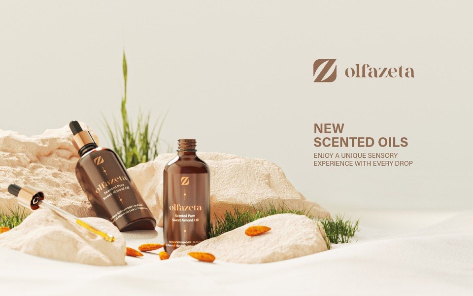 scented oil, almond oil, hair oil, body oil, skincare oil, new arrival, brand awareness, minimalist, editorial, calm, luxurious, neutral, brown