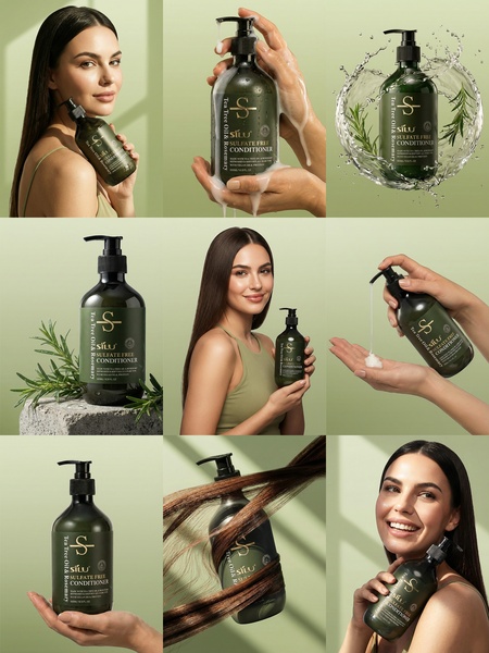 A high-quality photo series showcasing a sulfate-free conditioner bottle through multiple angles, textures, and lifestyle-integrated shots.