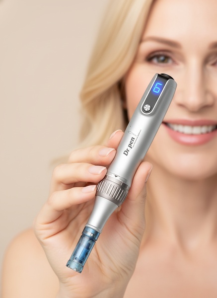 A close-up shot featuring a woman holding a professional-grade silver dermapen, highlighting the device's sleek design and LED display.