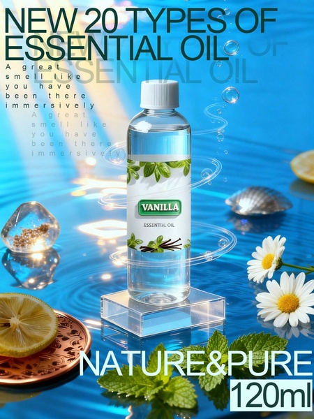 essential oil, vanilla oil, aromatherapy oil, fragrance oil, scented oil, new arrival, brand awareness, minimalist, fresh, calm, blue, neutral