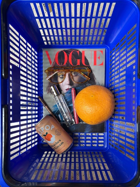 perfume bottle, lip liner, eyeliner pencil, lipstick, beauty products, bestseller push, flat lay, playful, fresh, blue, orange, neutral