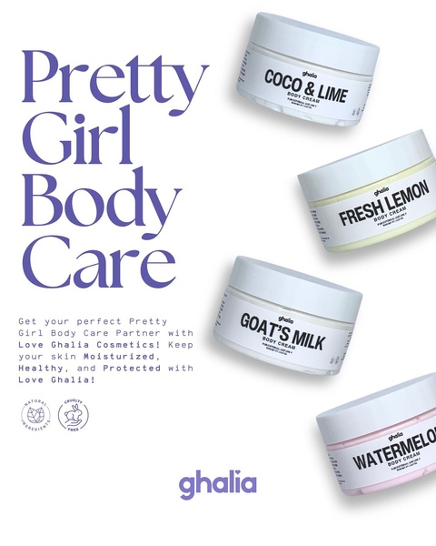 A clean, minimalist 4:5 ratio ad showcasing four different body cream variants with clear product labeling and brand messaging.