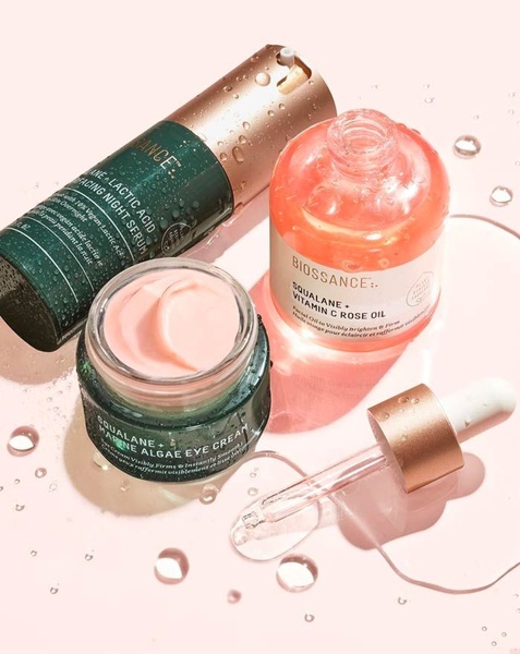 face serum, facial oil, eye cream, skincare products, face cream, beauty serum, bestseller push, minimalist, flat lay, fresh, calm, pastel, pink, green