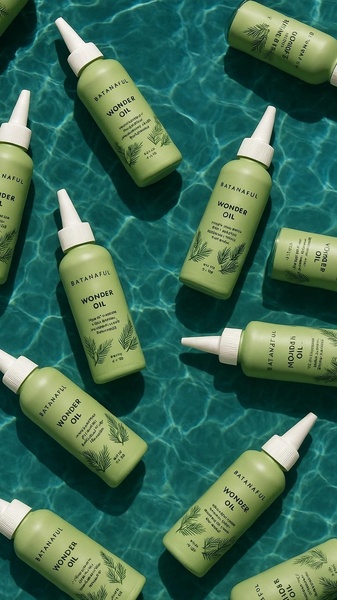 This creative showcases multiple units of Batanaful Wonder Oil arranged in a top-down, repetitive grid pattern submerged in clear, rippling water.