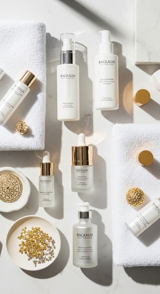 skincare bottles, serum bottles, skincare lotion, cosmetic set, face serum, beauty products, bestseller push, minimalist, flat lay, luxurious, calm, neutral, gold
