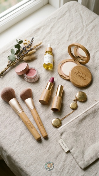 makeup brushes, face powder, lipstick, face oil, blush, makeup bag, brand awareness, flat lay, minimalist, calm, fresh, neutral, brown