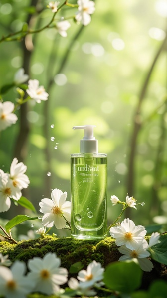 A high-definition product hero shot of a cleansing gel bottle nestled in moss and surrounded by white flowers in soft, natural morning light.