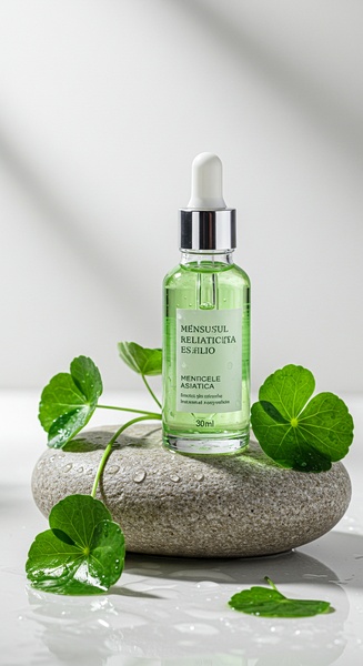face serum, skincare dropper, facial treatment, serum bottle, beauty essence, product demo, minimalist, calm, fresh, neutral, green