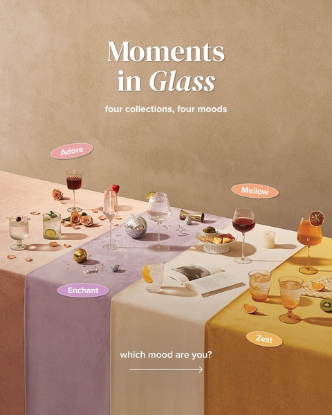 A stylish tabletop flat-lay showcasing four distinct glassware collections categorized by unique mood personas.