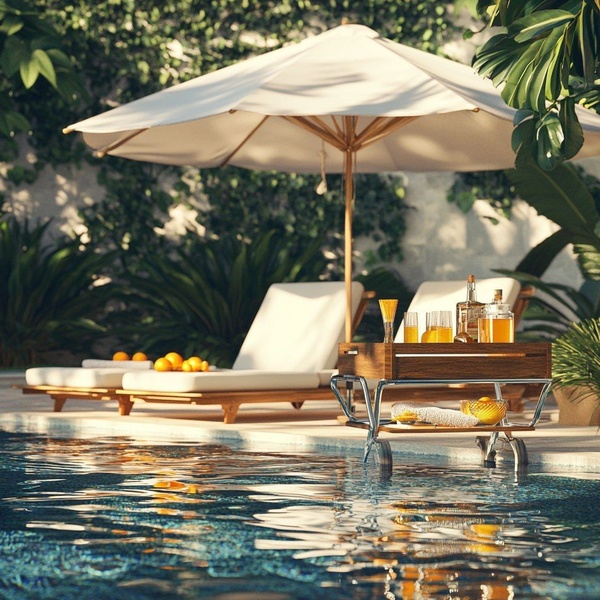 A high-end, sun-drenched poolside scene featuring luxury outdoor furniture, refreshing drinks, and a serene, aspirational atmosphere.