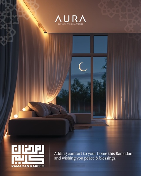 A sophisticated lifestyle ad for home textiles, using soft ambient lighting and a moonlit window to evoke peace and comfort during the Ramadan season.