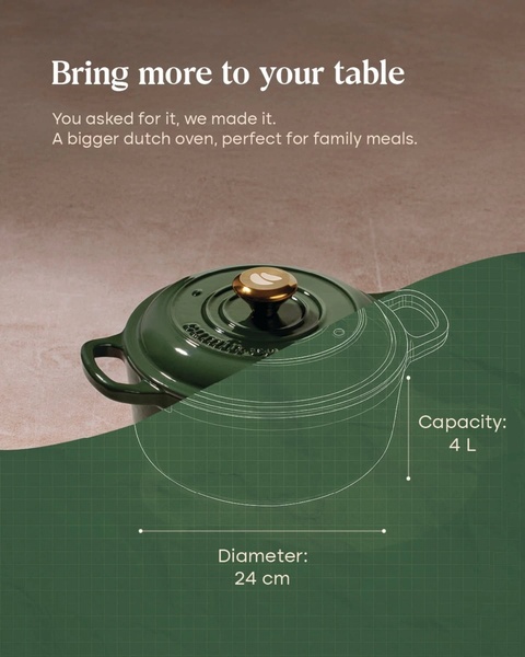 A minimalist, feature-driven product ad for a 4L Dutch oven that uses a graphical overlay to clearly communicate product capacity and dimensions.