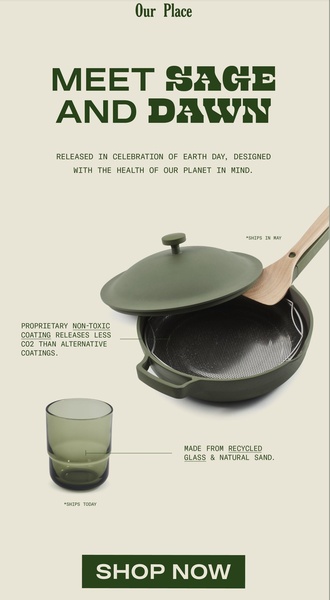 A minimalist, high-contrast ad featuring a single pan and glass set against a clean, neutral background with clear benefit callouts.
