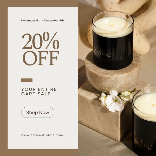 scented candle, glass candle, home fragrance, luxury candle, decorative candle, discount offer, holiday sale, minimalist, editorial, luxurious, calm, neutral, brown, year end sale
