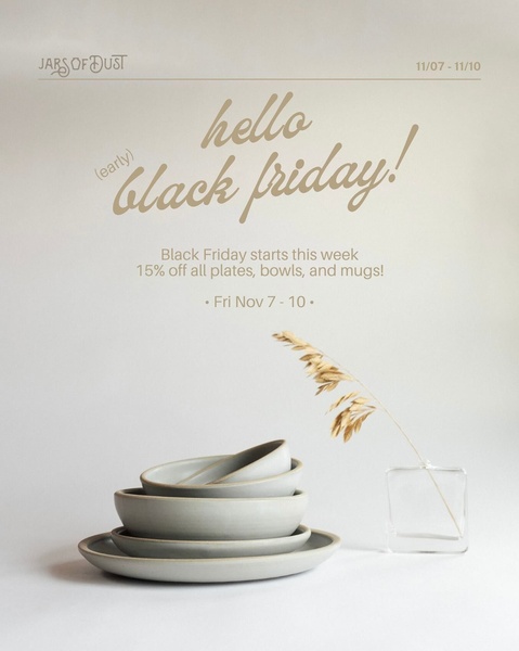 A minimalist, high-key product photograph of a stack of plates and bowls, announcing an early Black Friday sale.
