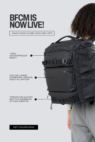 A high-contrast vertical ad creative using a clean layout to emphasize technical specifications of a backpack during a holiday sale event.