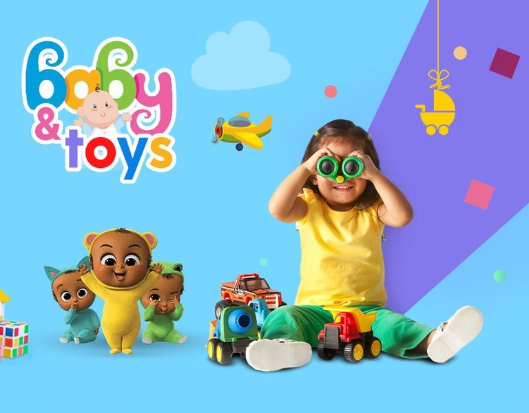 A bright, vibrant ad for children's toys showing a young child using binoculars to explore with toy vehicles and figures.