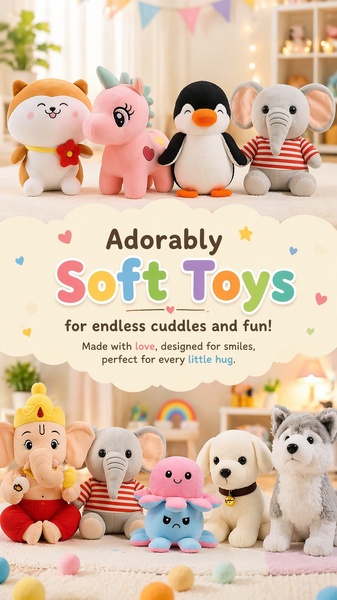 This creative showcases an array of plush toys in a warm, inviting setting, using soft pastels and direct, benefit-focused copy to appeal to gift-givers.