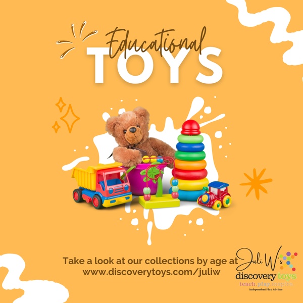 A square ad creative featuring a teddy bear and various stackable plastic toys against a solid orange background, emphasizing educational play.