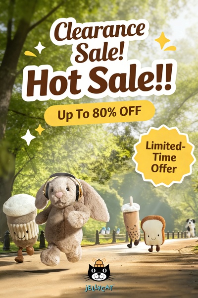 A high-conversion clearance sale ad featuring whimsical plush toys running in a park, utilizing bright colors and clear discount text to drive immediate action.