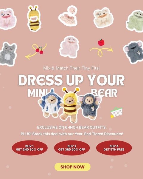 plush toy clothes, miniature bear outfits, stuffed animal clothing, doll costumes, toy accessories, bundle offer, holiday sale, minimalist, playful, neutral, pink, year end sale